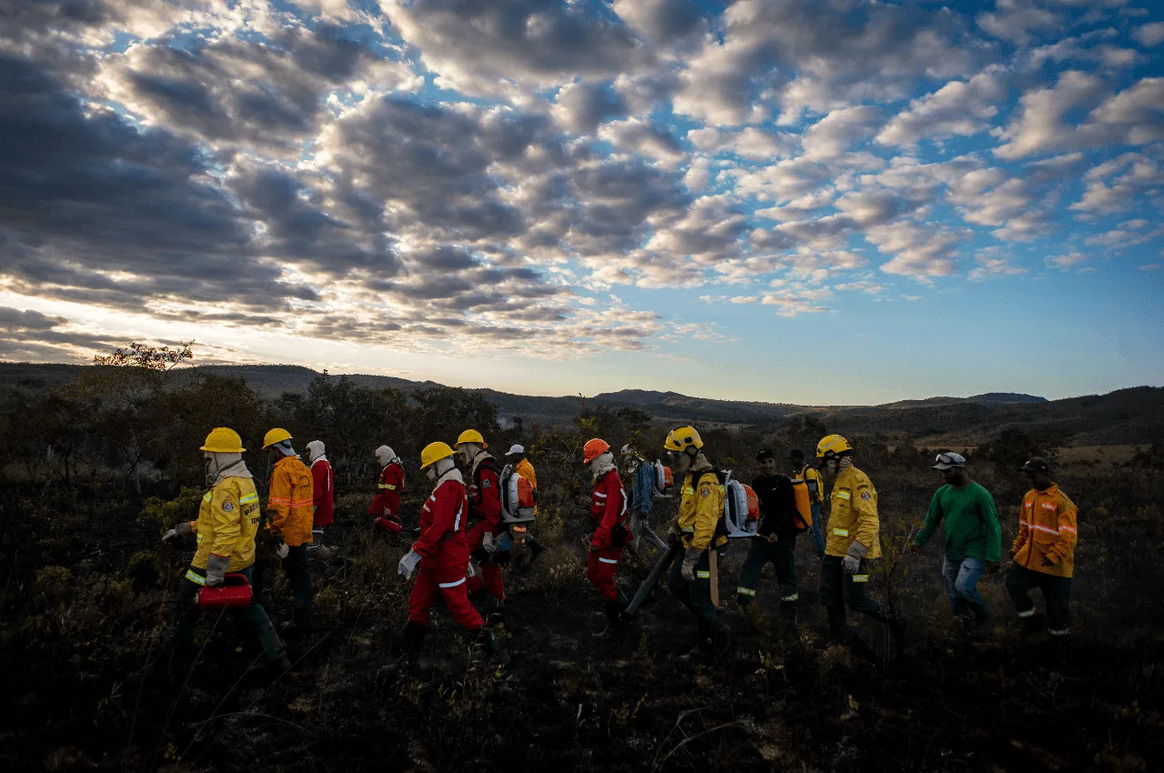 Fila de brigadistas de uniformes amarelos e vermelhos caminha por área queimada do Cerrado, sob céu com nuvens