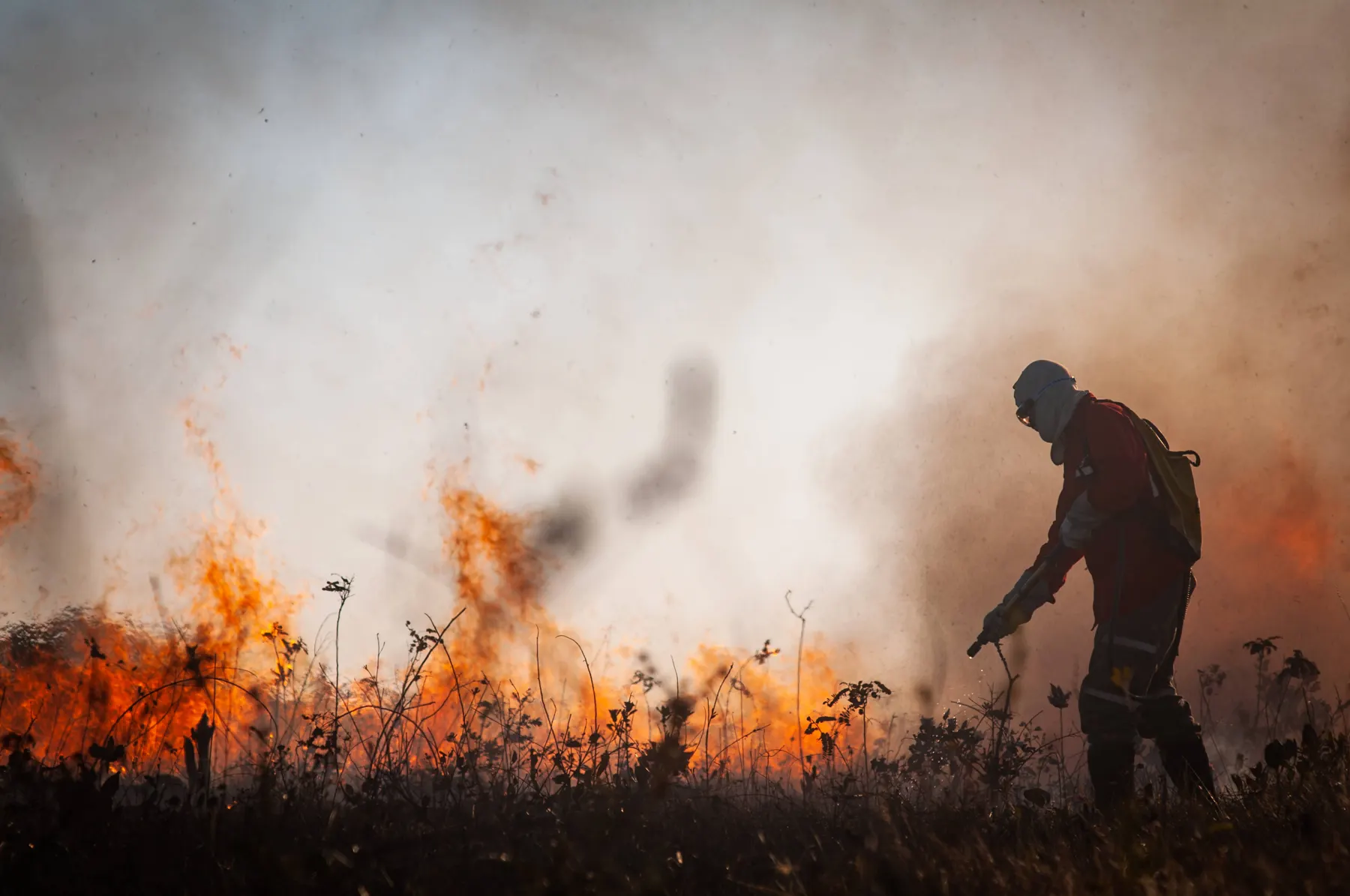 Brigadista em silhueta trabalha na linha de fogo, entre chamas baixas e fumaça