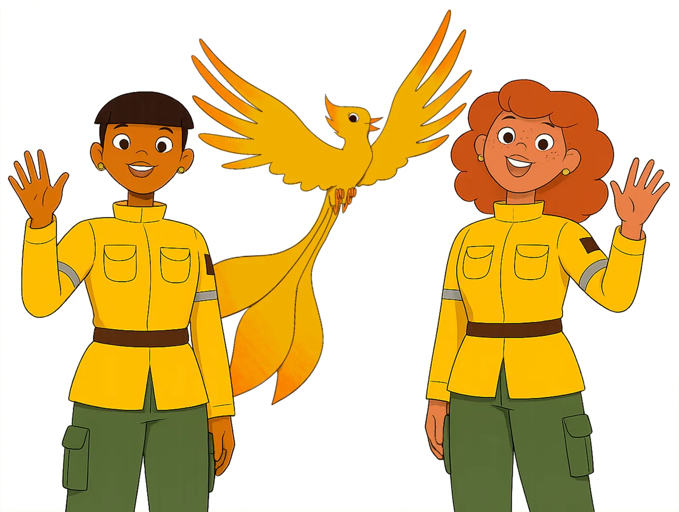 Jurema e Rosa, de uniforme amarelo de brigadista, acenam; entre elas voa Brasa, a fênix dourada